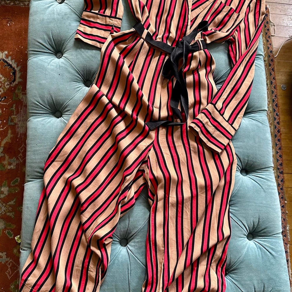 Collusion ASOS stripe jumpsuit deep plunge neck belted waist high water sz 8